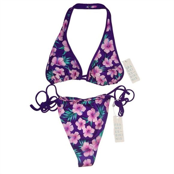Frankies Bikinis Harlow Shine Halter Top & Tia Satin Bottom Purple Hibiscus LRG - Picture 2 of 14